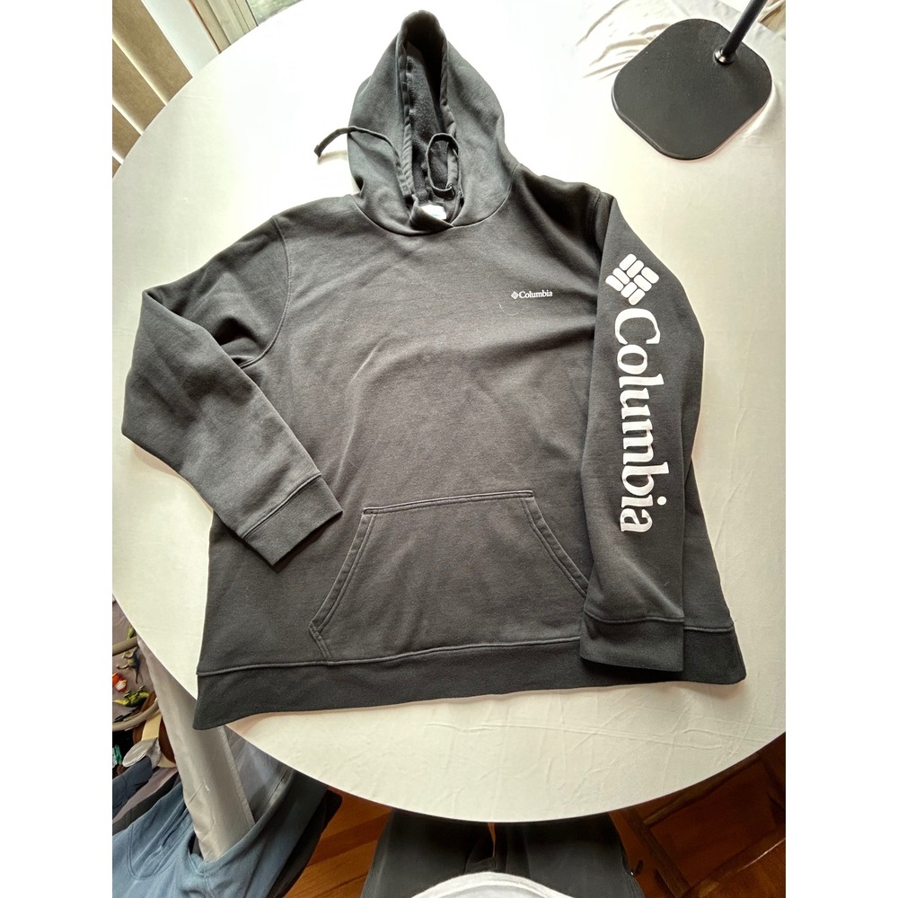 Columbia Mens 2X Hoodie Black Pullover Sleeve Logo Graphic Sweatshirt Fleece